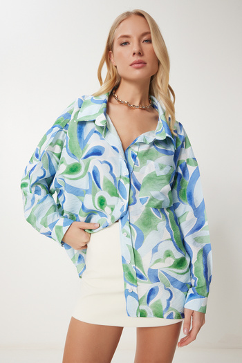 Happiness İstanbul Women's Sky Blue Green Patterned Flowy Textured Shirt Cr00470