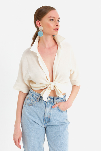 Cool & Sexy Women's Ecru Tied Linen Blouse Bth16