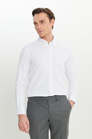 AC&Co / Altınyıldız Classics Чоловічі білі зручні в носінні Slim Fit Slim Fit Slim Fit Оксфорд з довгим коміром на ґудзиках Armurlu Сорочка