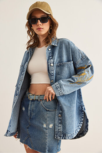 Olalook Kadın Mavi Sarı Buğday Nakışlı Oversize Denim Ceket CKT-19000432