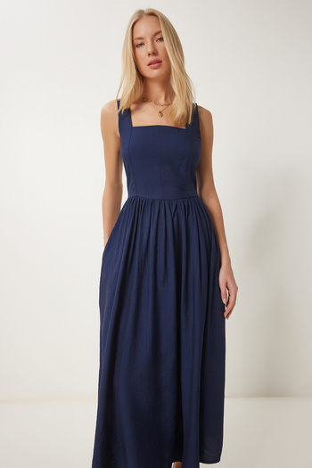 Happiness İstanbul Rochie țesătă evazată cu efect de șifonat, albastru marin pentru femei UB00339
