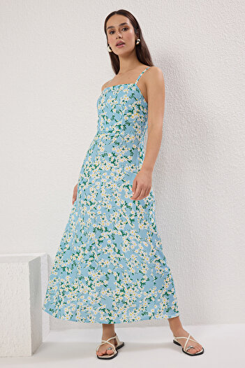 Trendyol Collection Rochie maxi țesătă Gipeli cu croială dreaptă albastră TWOSS25EL00626