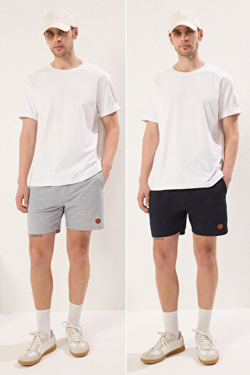 Trendyol Collection Navy Blue-Grey Melange 2-Piece Regular/Normal Fit Leather Label Shorts & Bermudas Tmnss25Sr00041