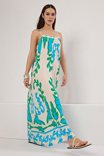 Trendyol Collection Μπλε τροπικό ίσιο μάξι υφαντό φόρεμα TWOSS25EL00578
