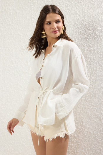 Trendyol Collection White Woven 100% Linen Tie-Up Beach Shirt Tbess25Go00015