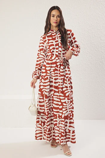 Trendyol Modest Φόρεμα με υφαντό καφέ λινό με μοτίβο TCTSS25EB00109