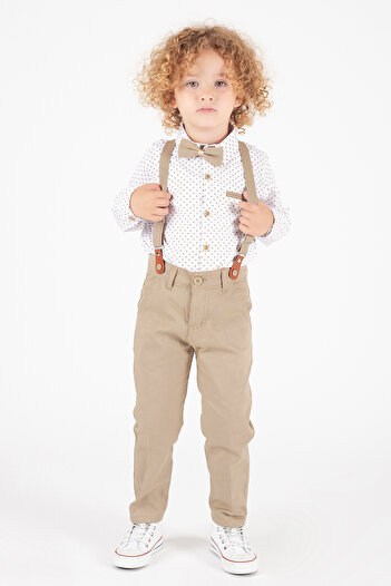 Cansın Mini Cream Bow Tie Strap Patterned Shirt Boy's Trouser Suit 20547