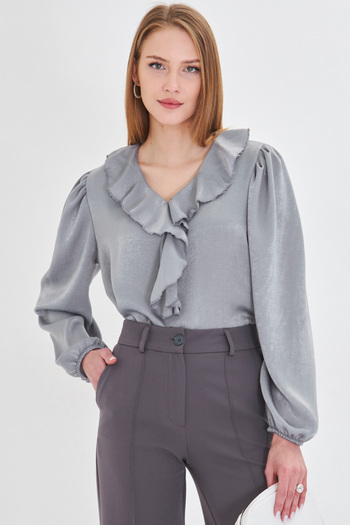 armonika Women's Light Gray Frilly Collared Shoulder Gathered Sleeve Elastic Cotton Satin Blouse ARM-22K001059