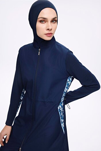 Nehar Underarm Patterned Navy Blue 3 Piece Woven Full Hijab Swimsuit Set 2279
