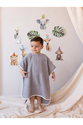 zenginhome Poncho Children's Bathrobe Beach Towel 3-8 Years Old 100% Cotton Inner and Outer Surface Wolf