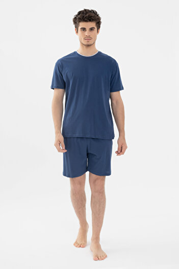 koza iç giyim Men's Double Collar Shorts Pajama Set Navy Blue