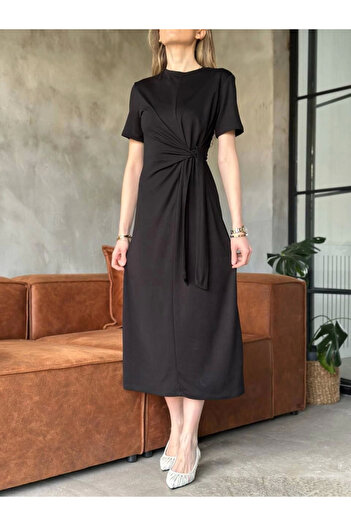 buğrahayalin Osy Modal Soft Textured Fabricside Tie Dress - Black