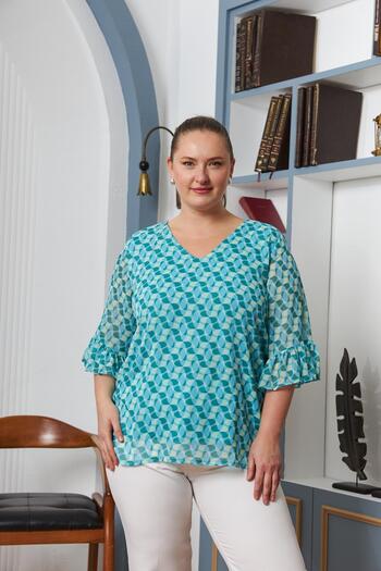 RMG Large Size Blue Astara Chiffon Blouse - Sleeve Detail