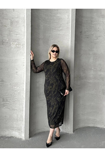 Stil Diva Plus Size Long Tulle Sleeve Lined Mesh Midi Dress 216292