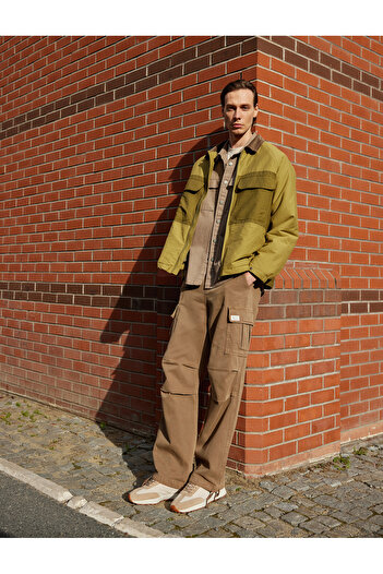 Koton Cotton Flap Pocket Collar Detailed Color Block Zippered Seasonal Jacket