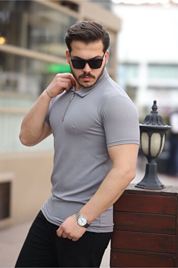 ROBERTO BORNOVA Men's Gray Slim Fit Half Zipper Polo Neck T-Shirt (Tshi̇rt)