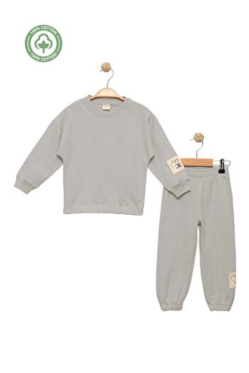 Divonette Girl's 100% Cotton Crew Neck Sweatshirt and Elasticated Leg 2-Piece Gray Tracksuit Set