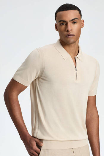 Hemington Silk Cotton Blend Zipper Detailed Cream Color Knitwear Polo