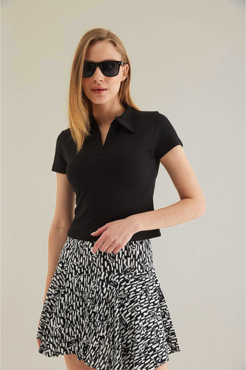 Modark Women's Polo Neck Corded Short Sleeve Blouse