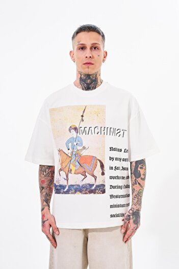 Machinist Men's Embroidered Print Detail Oversize Ecru T-Shirt