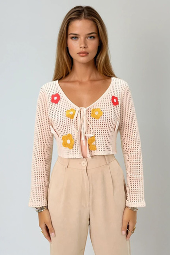 VAGGON Beige Önegi Lace-Up Flower Motif Crochet Cardigan - Prmx8910