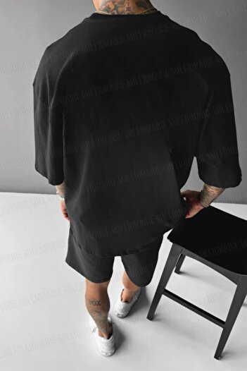 Millionaire Men's Black Deer Printed Oversize Fit Loose Wide Fit Loose Cut T-Shirt