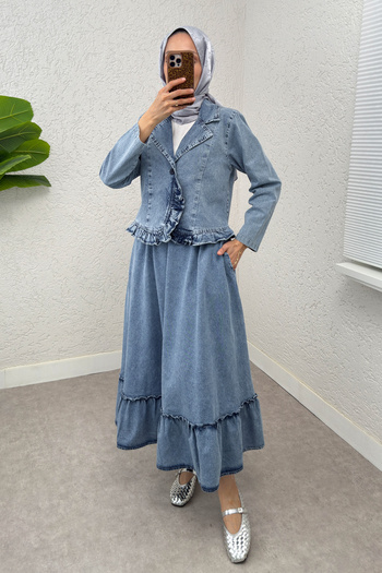Salih Çelebi Denim Suit with Ruffle Detail 6121 - Blue