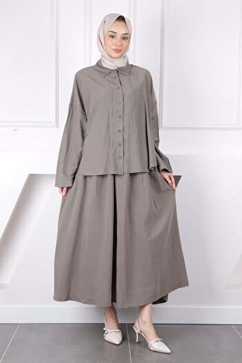 İmajButik Khaki Bat Sleeve Modal Shirt Skirt Suit