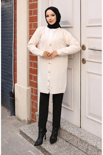 sefamerve Button Detailed Corded Cardigan 3091-03 Stone
