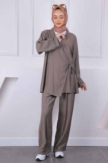 İmajButik Khaki Front Tie Kimono Suit with Pants