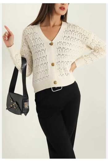 Fua Shop Women's V-Neck Hollow Pattern Gold Button Cardigan