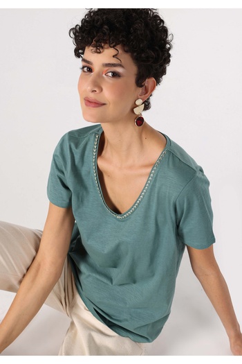 Colin's Regular Fit V-Neck Plain Women's Green Short Sleeve T-Shirt