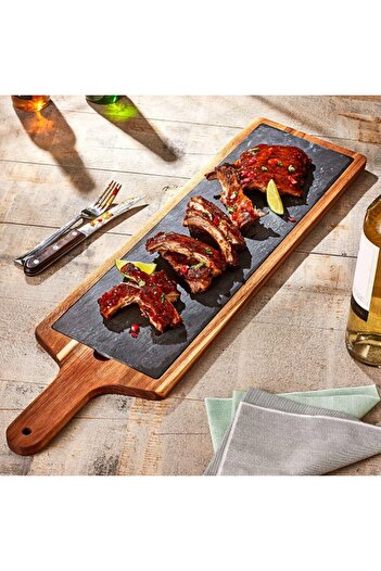 Viejo Valle Slate platter with acacia wood support, 51x20 cm