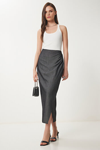 Lovelyİstanbul Asymmetrical Slit Woven Skirt Anthracite Lhc0002