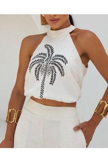 Butik Şenel Palm Tree Pattern Printed Halter Collar Trousers Suit