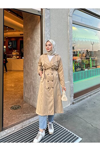 VOLT CLOTHİNG Women's Shawl Collar Buttoned Long Trench Coat