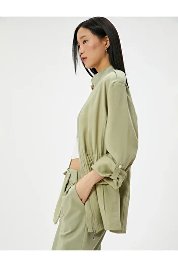 Koton Ada Tea Trench Coat - Zippered, Rubber Waist, Flap Pocket, Stand Collar 4SAK00001EW