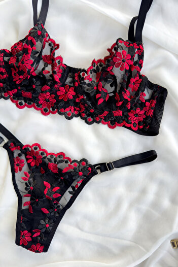 G&H UNDERWEAR - Set de 2 sutien cu flori roșii negre