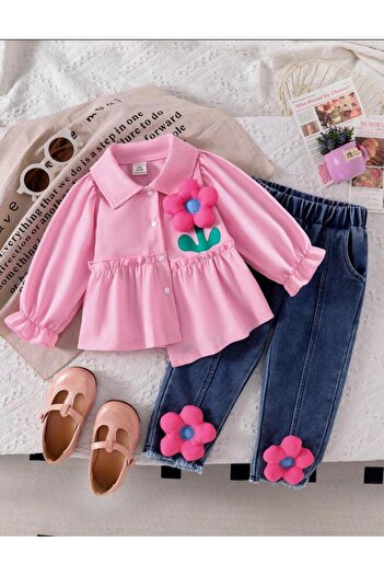 ipekkids Flower Detail Poplin Shirt Jeans Pants Combination