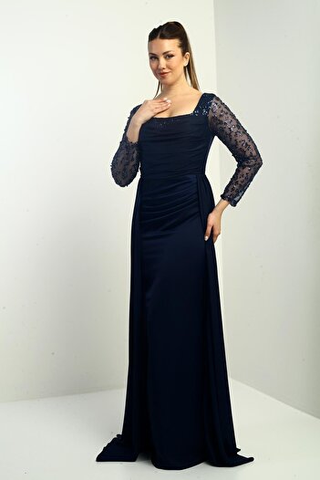 By Saygı Women's Square Neck Lined Sleeve Beaded Wide Size Spaced Crepe Satin Long Evening Dress