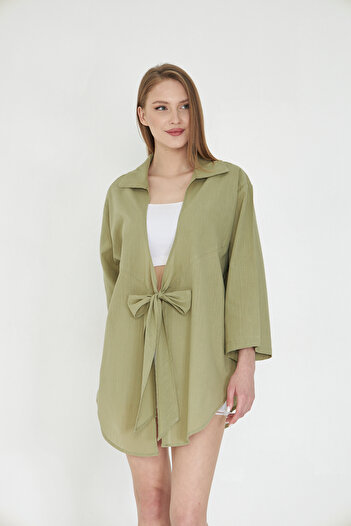 SevdeUgur Women's Khaki Linen Tied Kimono Shirt / Sevde Ugur