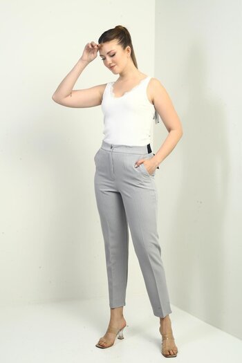 By Saygı Women's Elastic Waist Pocket Neck Striped Skinny Trousers