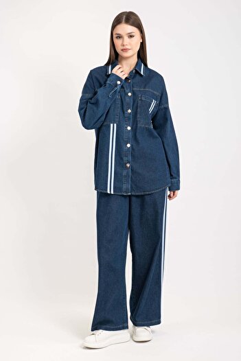 Hatun Atila Women's Stripe Detailed Pocket Denim Double Set Dark 8735 - Dark Blue