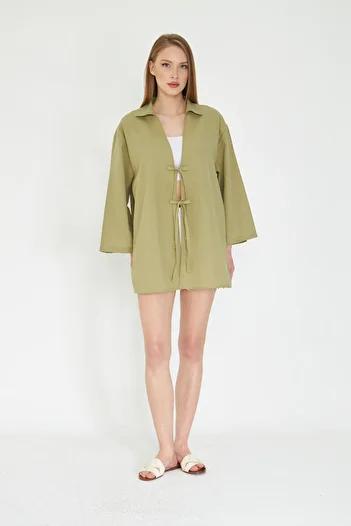 SevdeUgur Women's Khaki Linen Lace-Up Kimono