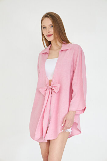 SevdeUgur Women's Pink Linen Laced Kimono Shirt / Sevde Ugur