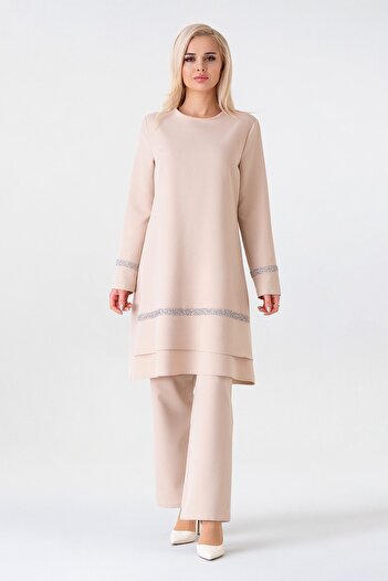 Fashion Showcase Stone Detailed Hijab Suit - Stone
