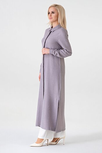 Fashion Showcase Long Tunic Linen Look with Hidden Placket - Gray