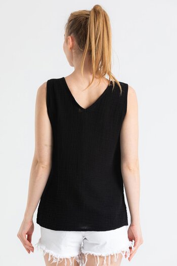 Eliş Şile Bezi Sleeveless Melis Summer Muslin Blouse Black Black