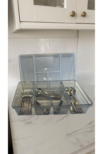 Bayev Smoked Luna 5 Compartment Drawer Organizer Cutlery Box with Lid - Kitchen Organizer