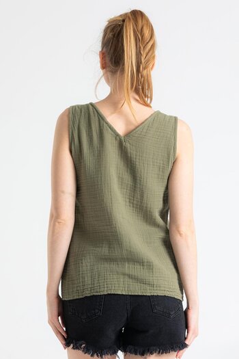 Eliş Şile Bezi Sleeveless Melis Summer Muslin Blouse Khaki Hk